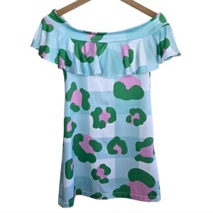 Hello Dobson Colorful Blue Check Green Pink Leopard Off Shoulder Dress Size XS